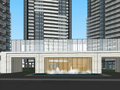 Modern Entrance Gate with Glass Curtain Wall Stone Decor and Water Feature Fronting High-Rise Buildings 3d model