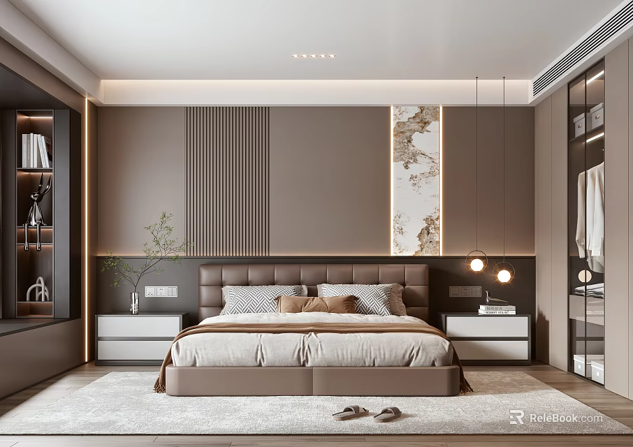 Modern Bedroom Interior With Upholstered Headboard Vertical Striped Wall Decorative Painting And Bedside Tables 3d model 