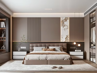 Modern Bedroom Interior With Upholstered Headboard Vertical Striped Wall Decorative Painting And Bedside Tables 3d model