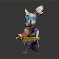 3D Chibi Cartoon Character With Blue Hair White Headdress Blue Purple Outfit And Yellow Weapon