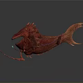 Red Mythical Fish Like Creature With Sharp Teeth Long Tail And Glowing Blue Appendages 3d model