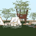 Scenic Camping Site With White Tents Treehouse String Lights And Outdoor Tables On Green Grass