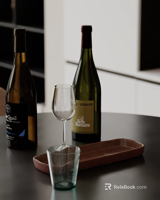 Contemporary Kitchen Counter With Wine Bottles Wine Glass And Brown Tray On Black Surface 3d model 