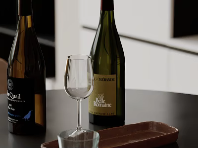 Contemporary Kitchen Counter With Wine Bottles Wine Glass And Brown Tray On Black Surface 3d model