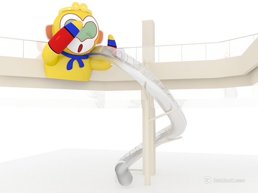 Fun Playground Equipment Featuring White Spiral Slide Platform With Railings And Decorative Yellow Monkey Doll 3d model 
