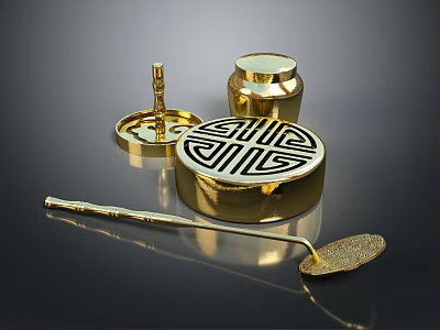 Golden Decorative Ornament Set With Round Box Cylindrical Jar And Leaf Shaped Spoon 3d model