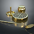 Golden Decorative Ornament Set With Round Box Cylindrical Jar And Leaf Shaped Spoon