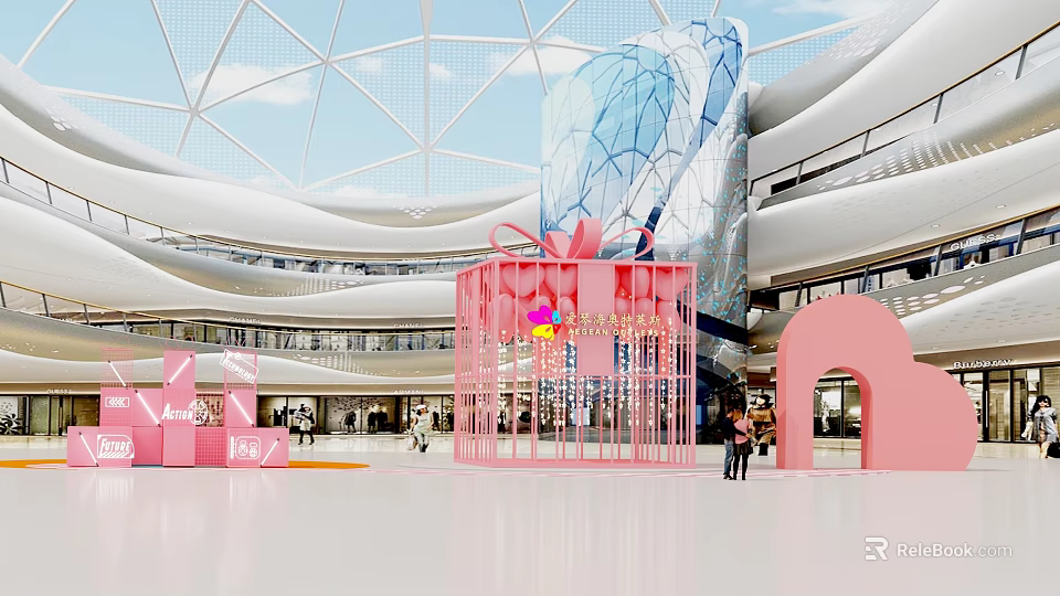 Modern Mall Interior Pink Photo Spot With Glass Structure And Arch Design 3d model 
