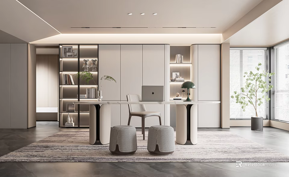 Modern Study Room Interior Design With Open Bookshelves Desk Chair And Green Plant 3d model 