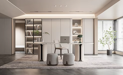 Modern Study Desk and Chair Writing Desk Bookcase Desk Leisure Chair Chandelier Decorative Cabinet 3d model