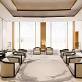 Elegant Modern Hotel Public Lounge Interior With Circular Carpet Sofas And Curtains 3d model