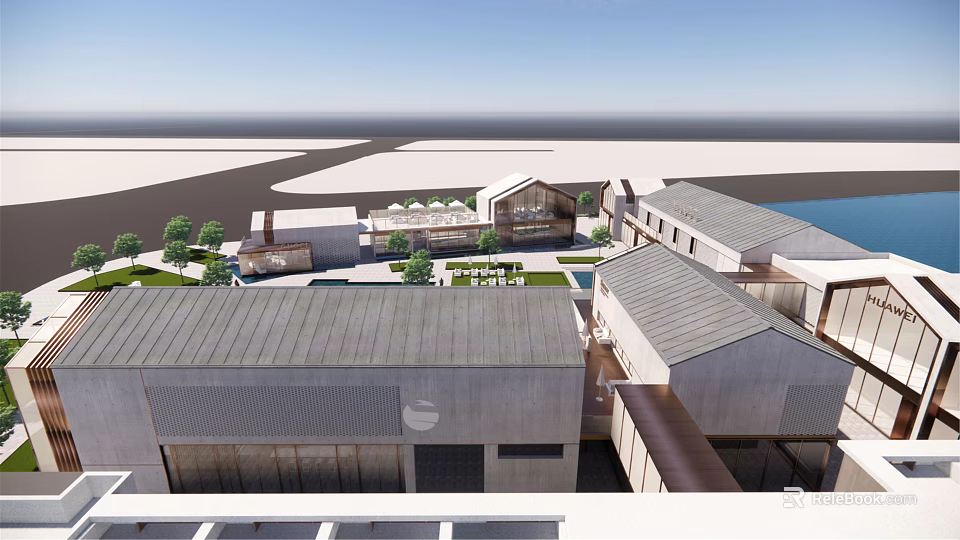 Detached Villa Modern Design With Gray Roof Courtyard Green Space And Water 3d model