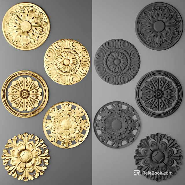 Gold And Black Circular Wall Decor With Various Ornate Embossed Patterns 3d model