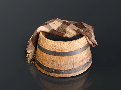 Rustic Wooden Barrel With Plaid Scarf Draped Over Top Vintage Household Item 3d model