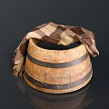 Rustic Wooden Barrel With Plaid Scarf Draped Over Top Vintage Household Item