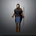 Archer Character In Blue Red Robe With Spear And Wolf Companion Standing