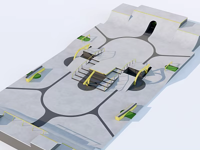 Modern Urban Plaza Design Featuring Circular Pathways Yellow Railings And Green Areas 3d model