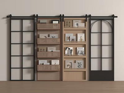 Black Frame Grid Sliding Doors With Open Bookshelves And Decorative Books 3d model