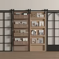 Black Frame Grid Sliding Doors With Open Bookshelves And Decorative Books