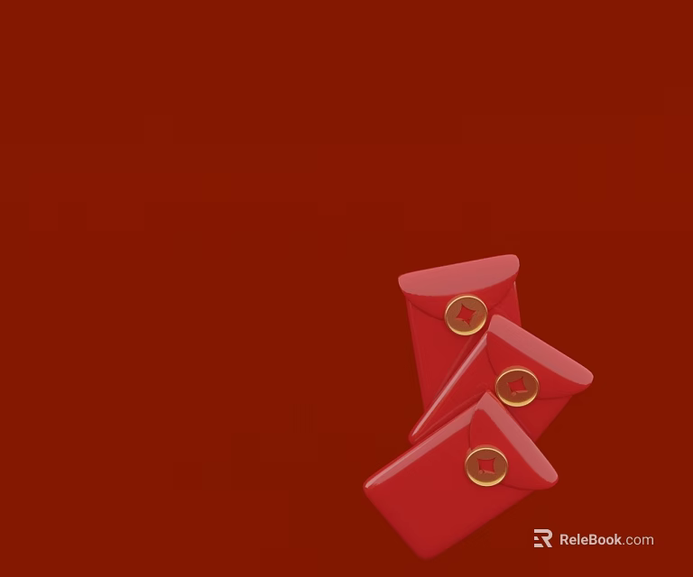 Red Envelope Themed Landscape Sculpture With Golden Circular Decorations On Red Background 3d model 