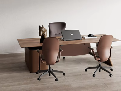 Modern Wooden Office Desk With Laptop Horse Figurine And Brown Gray Chairs 3d model