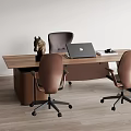 Modern Wooden Office Desk With Laptop Horse Figurine And Brown Gray Chairs