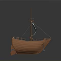 3D Rendered Wooden Sailing Ship With Blue And White Sail Tall Mast And Deck Details