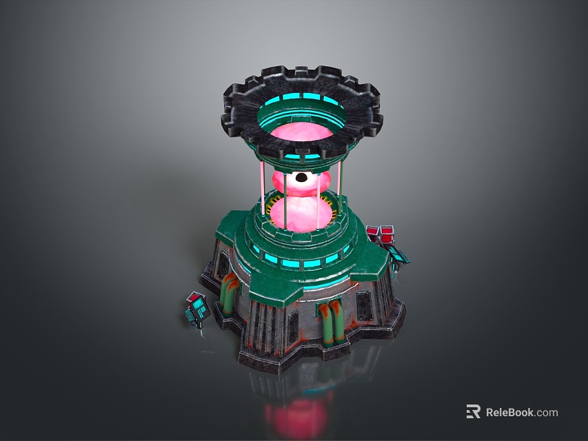 Futuristic Landscape With Sci Fi Tower Green Base Pink Glowing Center Black Top 3d model 