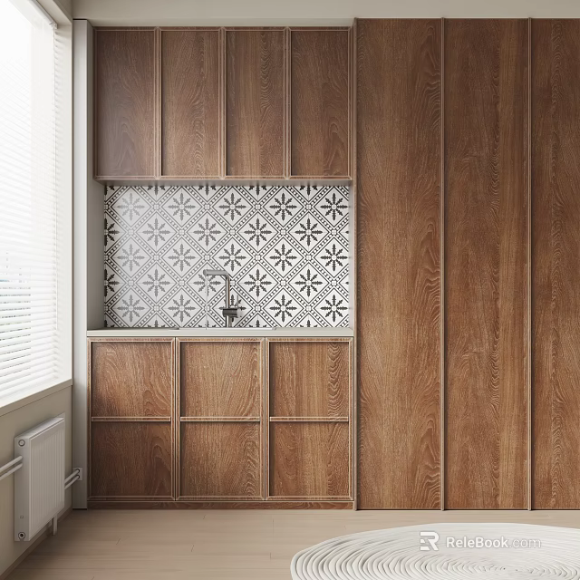 Wooden Kitchen Cabinets With Geometric Pattern Tile Backsplash And Window Blinds 3d model 