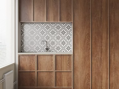 Wooden Kitchen Cabinets With Geometric Pattern Tile Backsplash And Window Blinds 3d model