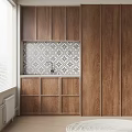 Wooden Kitchen Cabinets With Geometric Pattern Tile Backsplash And Window Blinds