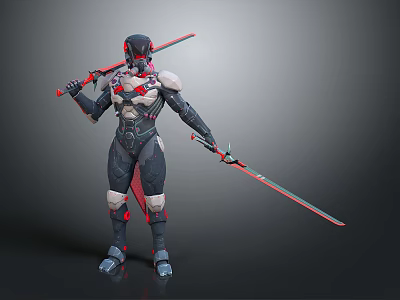 Game And Movie Character In Futuristic Red And Black Armor With Dual Swords 3d model