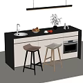 Modern Black And White Bar Counter With Sink Stools Fruit Vase And Oven