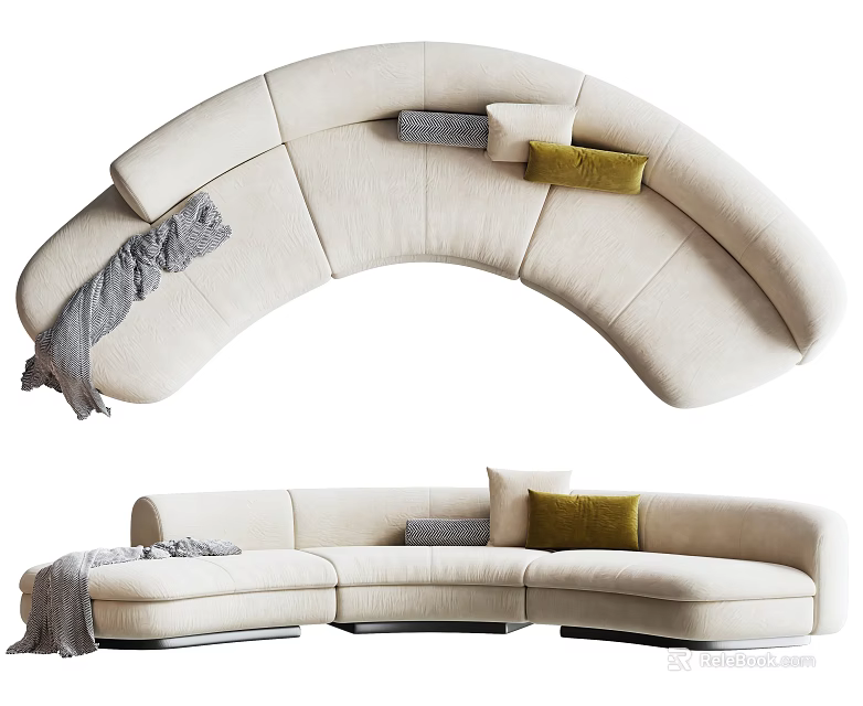 Curved Beige Sectional Sofa With Gray Yellow Pillows And Gray Throw Blanket 3d model 