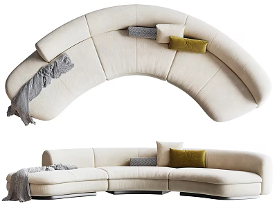 Curved Beige Sectional Sofa With Gray Yellow Pillows And Gray Throw Blanket 3d model
