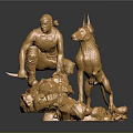 Shiny Golden Dog Sculpture with Warrior Figure on Rock Base Artwork