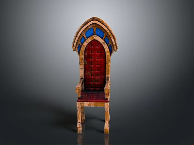 Medieval Wooden Chair Design With Red Cushioned Seat Arched Top And Blue Glass 3d model