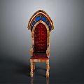 Medieval Wooden Chair Design With Red Cushioned Seat Arched Top And Blue Glass