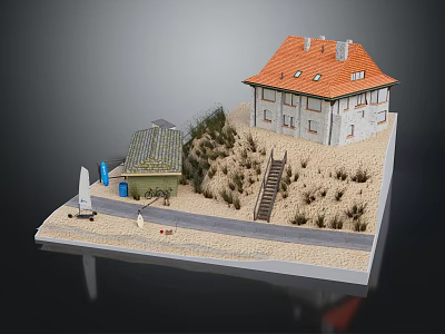 Two Story Building With Red Roof Gray Walls Small Cottage Staircase Sandy Ground And Bushes 3d model