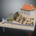 Two Story Building With Red Roof Gray Walls Small Cottage Staircase Sandy Ground And Bushes