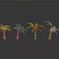 Four Palm Trees With Green Leaves And Brown Trunks On Gray Background With Reflective Surface