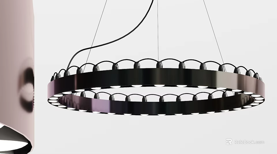 Modern Black Double Ring Chandelier with Circular Elements and Hanging Design Structure 3d model 