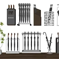 Various Modern Umbrella Stands With Black Umbrellas And Display Racks 3d model