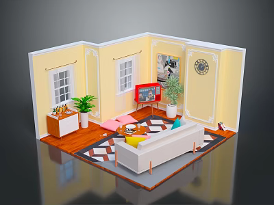 Cozy Living Room Interior With Yellow Walls Wooden Floor Geometric Rug White Sofa And Plants 3d model