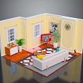 Cozy Living Room Interior With Yellow Walls Wooden Floor Geometric Rug White Sofa And Plants