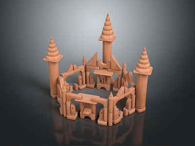 Wooden Castle Model With Multiple Spires And Arched Structures Light Brown On Dark Reflective Background 3d model