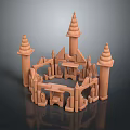 Wooden Castle Model With Multiple Spires And Arched Structures Light Brown On Dark Reflective Background