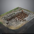 Detailed Ancient Ruins Model Scene With Red Columns Stone Walls And Green Vegetation