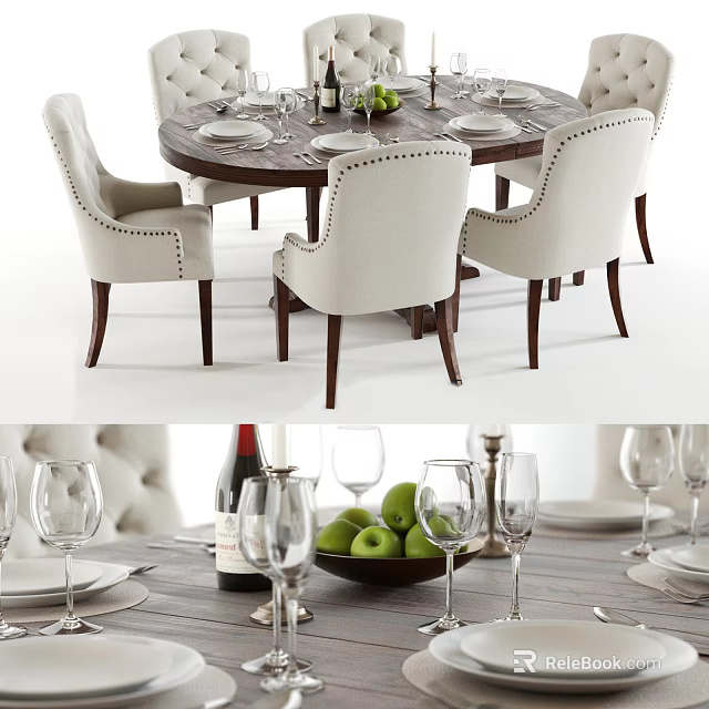 Round Dining Table Set with Chairs Tableware Wine Glasses and Fresh Apples 3d model