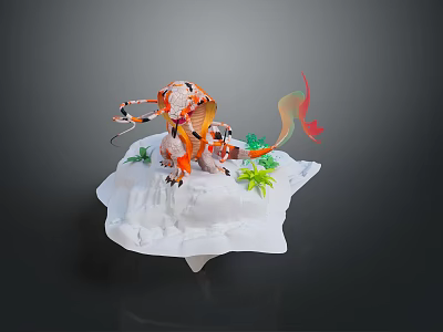 Fantasy Orange White Striped Character With Green Plants Red Ribbons On White Platform 3d model